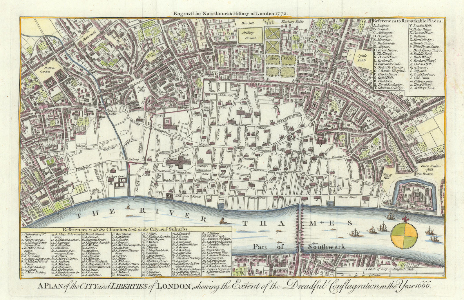 The City & Liberties of London shewing the… Conflagration in…1666 BOWEN 1772 map
